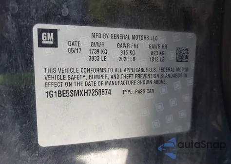 2017 Chevrolet Cruze Lt Auto z USA, uszkodzony, nr VIN 1G1BE5SMXH7258674